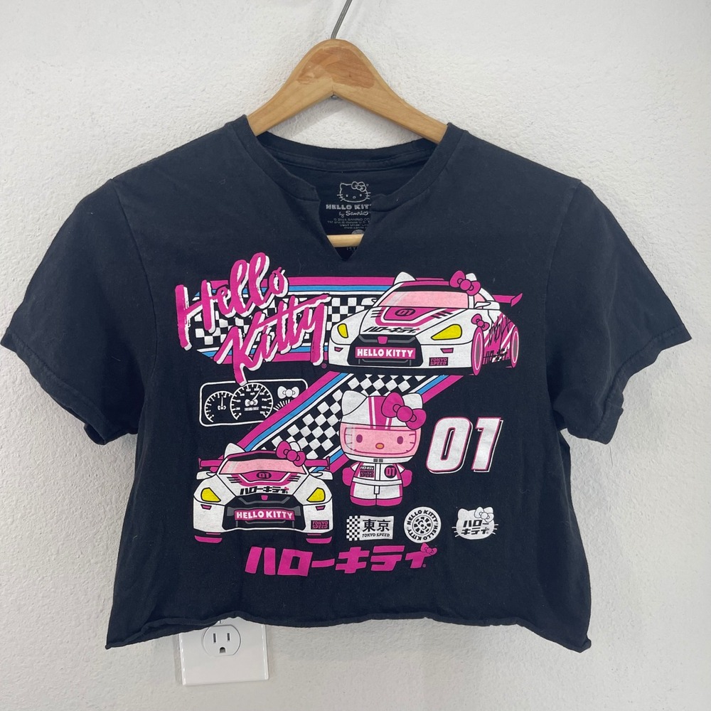 Hello Kitty by Sanrio Black Cropped Graphic T Shirt Racing Cars Pink Size S